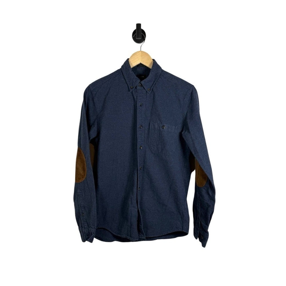 J. Crew Men’s Woven Collared Leather Elbow Patch Button Down Navy/Brown S